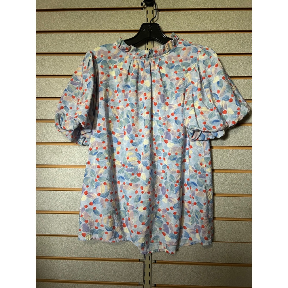 Entro Women Blue Floral Ruffle Neck Puff Sleeve Blouse Boutique Small Whimsical